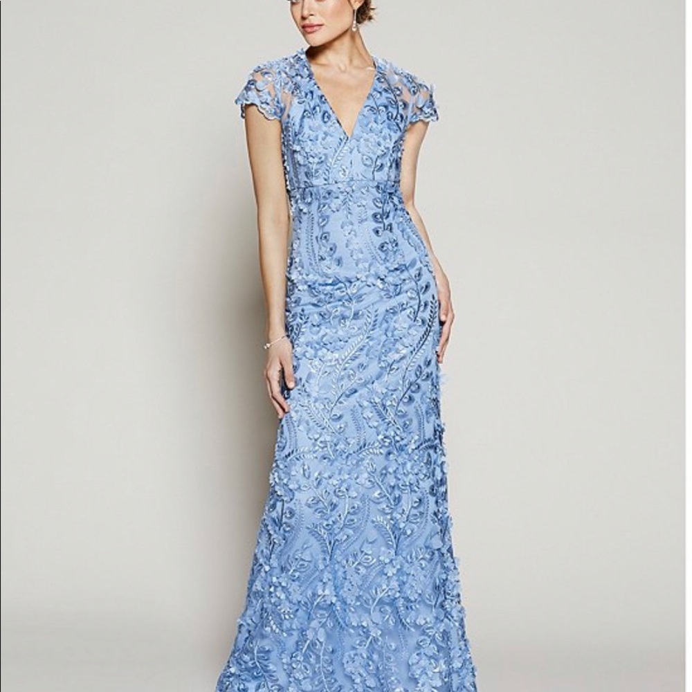 Carmen Marc Valvo V-Neck Fleurette Illusion Gown
